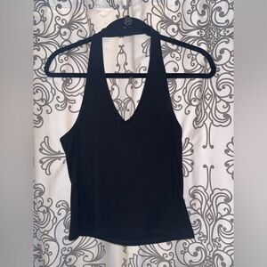 American Eagle Black Ribbed V-Neck Halter Top